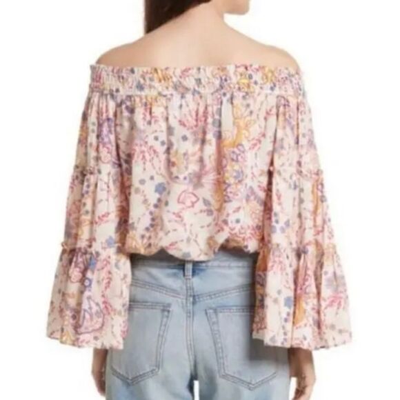 Free People Boho Off Shoulder Bell Sleeve Smocked Floral Blouse - Picture 3 of 14
